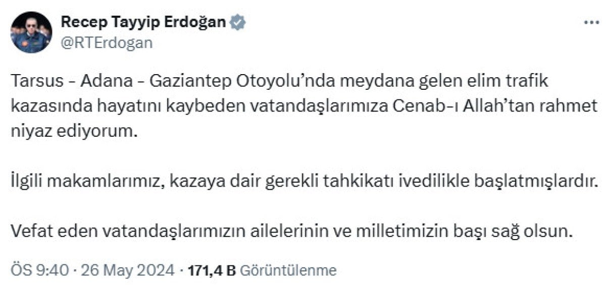 cumhurbaskani erdogandan mersin adana otoyolundaki zincirleme kazayla ilgili aciklama 0 TgPu775M