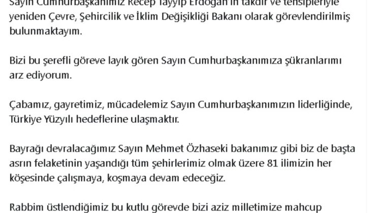 Çevre Bakanı Murat Kurum, Cumhurbaşkanı Erdoğan’a Teşekkür Etti