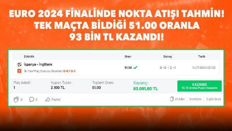 EURO 2024 Finalinde Nokta Atışı Tahmin! Tek Maçta Bildiği 51.00 Oranla 93 Bin TL Kazandı!