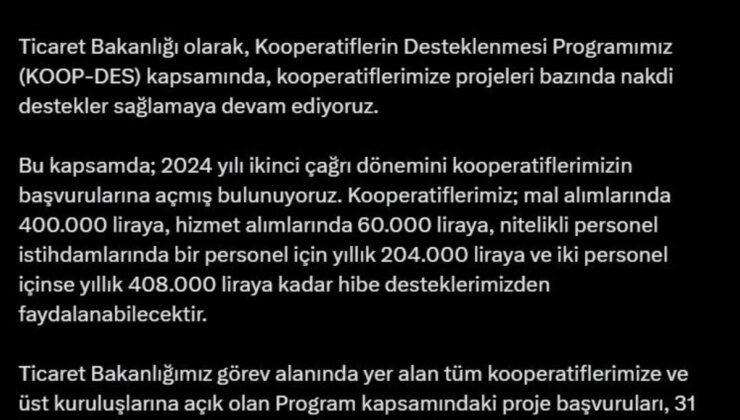 Koop-Des Programı 2024 İkinci Çağrı Dönemi Başvuruları Başladı