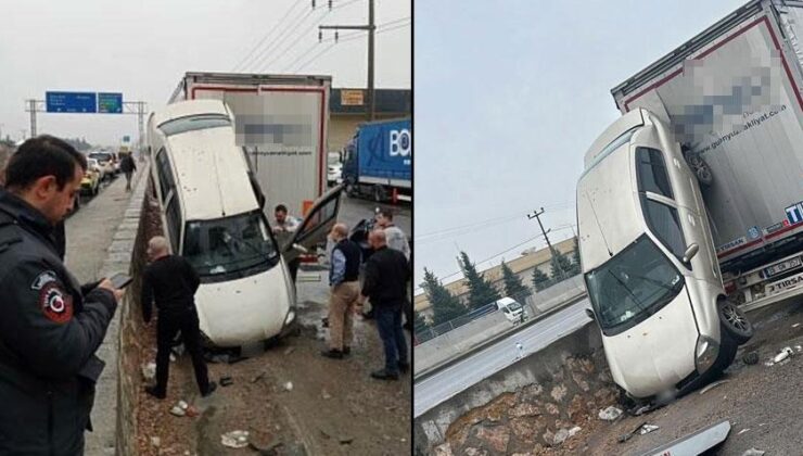 İlginç Kaza! Bariyerleri Aşan Otomobil, Tır’ın Dorsesine Asılı Kaldı